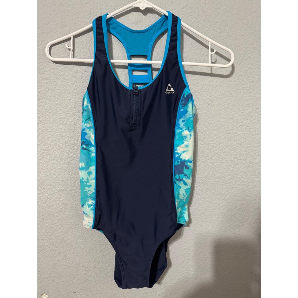 Gerry Girls Swimsuit Size 14 Navy Blue Tie Dye Zip Front Racerback‎ One Piece